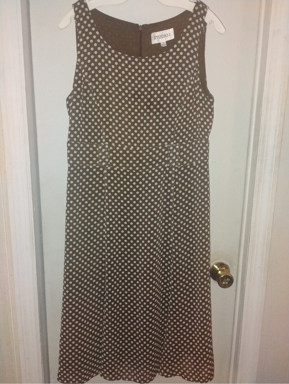 Studio I Vintage Brown White Polka Dot Sleeveless Midi Dress Size 10 Retro Pinup